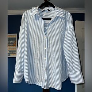 Zara Light Blue and White Striped Blouse